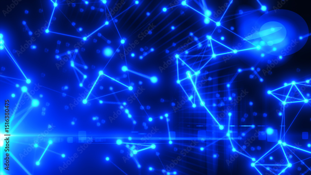 Poster abstract glowing network of blue nodes and connections forming a digital mesh over a dark futuristic