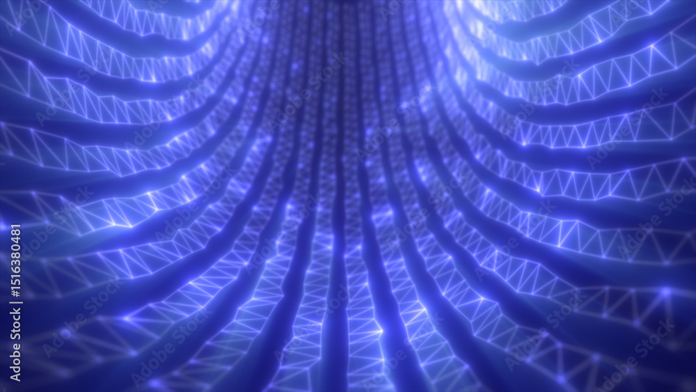 Poster abstract glowing data tunnel with luminous blue grid patterns forming a futuristic digital space