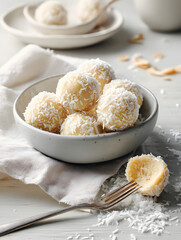 Protein balls coated in shredded coconut on a white bowl.