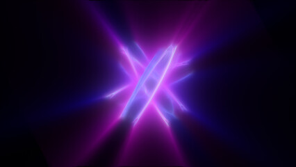 Crossed beams of neon light in purple and blue on a dark background, forming a futuristic starburst