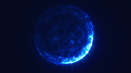 Blue digital orb glowing with thousands of scattered particles, radiating vibrant energy