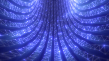 Abstract glowing data tunnel with luminous blue grid patterns forming a futuristic digital space