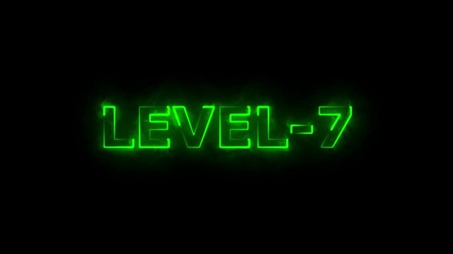 level-7 neon bright text font colorful animation. Glowing level-7 text with glitch effects animation. game concept next level icon isolated on black background