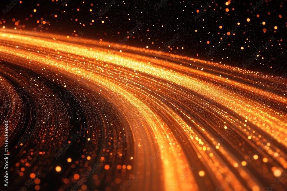 Poster golden light streaks glow against a dark background with scattered particles. use this image for tec