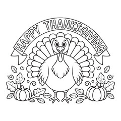 Cute cartoon turkey wearing a pilgrim hat wishes happy thanksgiving day outlined for coloring page on white background