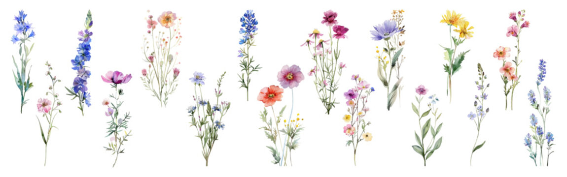 Field flower illustration vector collection. Cornflower, Mallow, Larkspur, Lavender, Yellow Daisy, Hollyhock, Chicory, Poppy flowers isolated. Meadow wild blossom set, field blooming plants clip art.