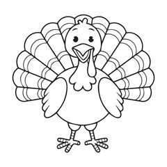 Cute cartoon turkey wearing a pilgrim hat wishes happy thanksgiving day outlined for coloring page on white background