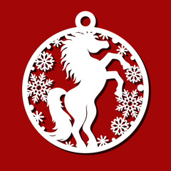 Christmas ball with horse, snowflakes. Hanging holiday decoration - symbol of Chinese New Year. Template for plotter laser cutting of paper, fretwork, wood carving, metal engraving, cnc. Vector image.