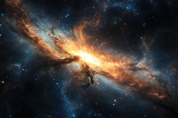 Fototapeta premium A glowing nebula shines against a star filled sky with vibrant blues and golds. Ideal for backgrounds, space themes, or visualizing cosmic beauty.