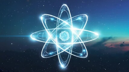 Abstract background with glowing atom symbol on dark blue space, futuristic illustration of atomic energy and science concept, 4k animation video - Powered by Adobe