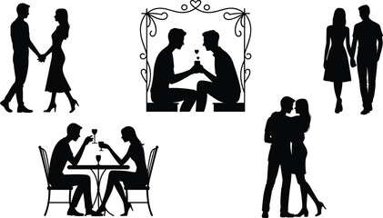 Romantic Couples Silhouettes: Love, Relationships, Valentine’s Day, Affection, Embrace, Holding Hands, Togetherness, Dating, Heart Icon, Wedding, Celebration flat vector illustration