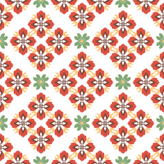 Red and green floral abstract ikat embroidery, motif ethnic ikat seamless textile illustration, print striped ornament, pattern, design for wrapping, silk, scarf, clothing, textile, and carpets.