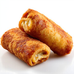 one piece of traditional risoles with crunchy texture isolated on white background in radiant composition with sharp detail view