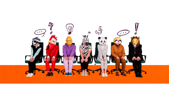 Trendy zine art collage of group anonym business partners wear pet mask sit chair bubble communication doodle chatterbox speech
