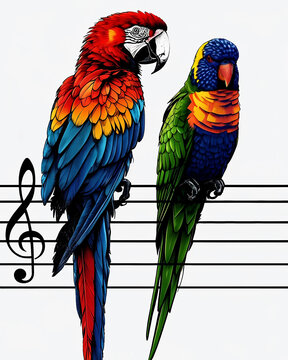 Colorful parrots perched on musical staff lines with treble clef, rendered in a vibrant digital‑illustration style blending nature, melody and artistic harmony