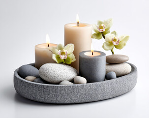 Elegant candles with stones and orchids for a relaxing ambiance