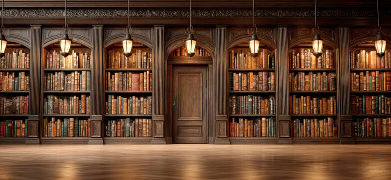Large wooden library wall with bookshelves filled with old books - Powered by Adobe