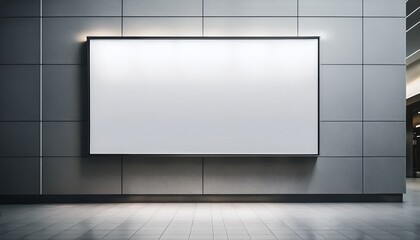 blank billboard on concrete wall in modern shopping mall grey tones spacious background ample copy space for advertising text or content