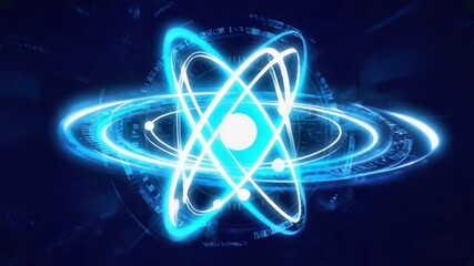 Abstract background with glowing atom symbol on dark blue space, futuristic illustration of atomic energy and science concept, 4k animation video - Powered by Adobe