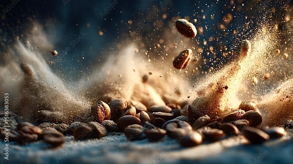 Aufkleber coffee beans exploding with ground coffee powder creating a dynamic scene