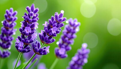 Close-up of vibrant purple lavender flowers with detailed petals and fresh green foliage in a natural outdoor garden setting du daylight