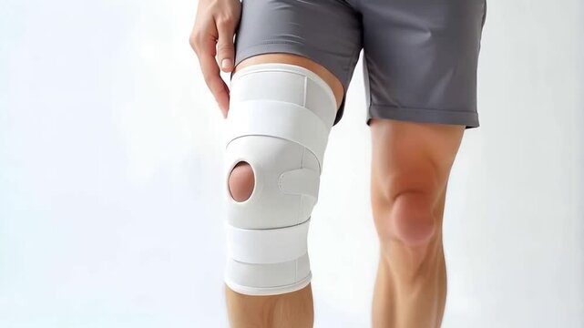 A man wearing a white knee brace with straps, in a white background