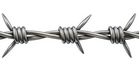 Close-up view of barbed wire with metallic sheen, showcasing sharp points and intertwined loops, representing boundaries and security.