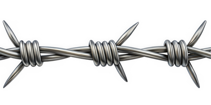 Close-up view of barbed wire with metallic sheen, showcasing sharp points and intertwined loops, representing boundaries and security. - Powered by Adobe