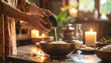 Cozy home kitchen scene with hands pou rice into a bowl surrounded by candles and natural light creating warm inviting atmosphere