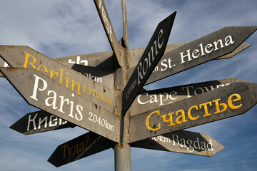 Rustic signpost showing directions to major cities and Happiness under blue sky © watcherfox