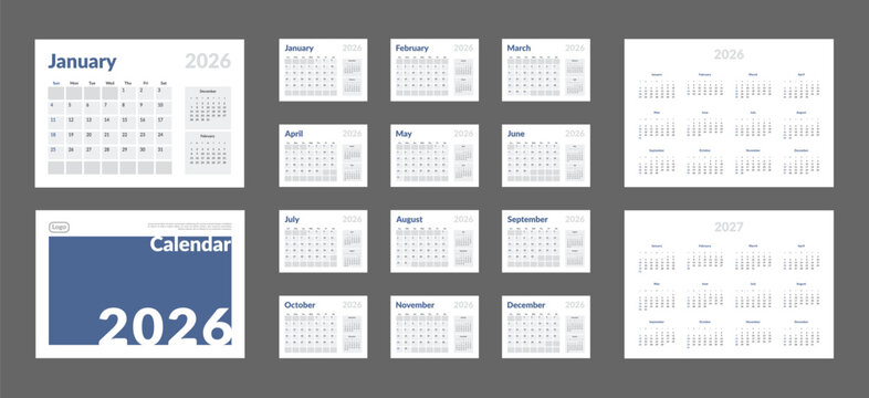 2026 Calendar Planner Set of Template Monthly Page, Cover with Place for Photo, Company Logo, Annual 2026-2027. Vector layout wall or desk calendar with week start Sunday for print. Page A4 -21x29.7cm