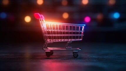 A stylized shopping cart illuminated by colorful lights, symbolizing modern commerce and consumerism with a vibrant and dynamic visual appeal.
