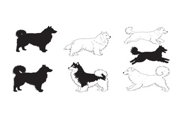 Collection of Husky and Spitz Dog Breed Silhouettes Line Art and Solid Black and White Illustrations