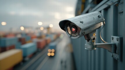 Cargo management logistics security concept. Surveillance camera monitoring a shipping area with blurred containers in the background.