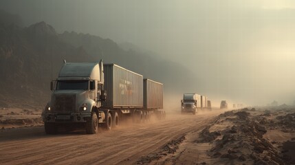Cargo management logistics security concept. Trucks navigate a dusty road through a rugged landscape, conveying a sense of adventure and industry.