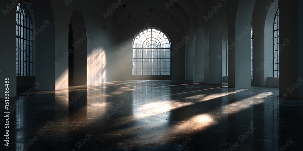 Wall mural sunlight streams via large arched window in empty modern gallery, casting long shadows on polished c