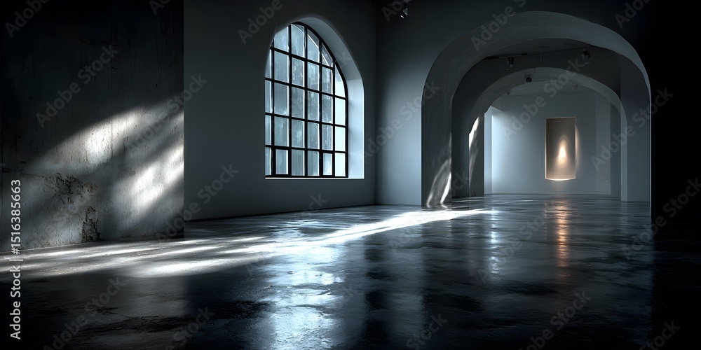 Wall mural sunlight streams via large arched window in empty modern gallery, casting long shadows on polished c