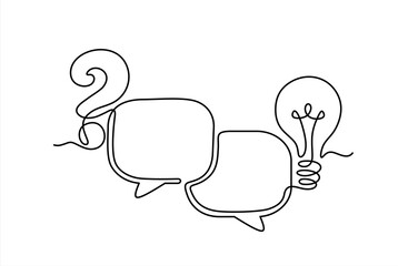 Quick tips. Continuous one line drawing of question mark, light bulb and speech bubbles. Trendy line art vector on a white background. Vector illustration. Hand drawn one line vector. Editable stroke