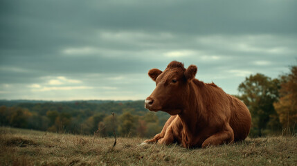 Red dairy cow resting peacefully on grassy field, trees in distance, cloudy sky with soft light, relaxing countryside moment, capturing slow farm life and calm animal care