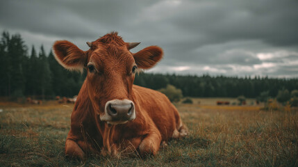 Red dairy cow resting peacefully on grassy field, trees in distance, cloudy sky with soft light, relaxing countryside moment, capturing slow farm life and calm animal care