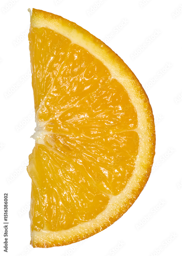 Poster a slice of bright orange orange with visible segments of pulp and thin peel. close-up of a citrus sl