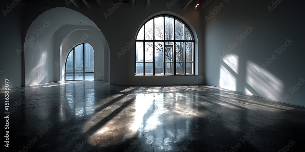 Wall mural sunlight streams via large arched window in empty modern gallery, casting long shadows on polished c