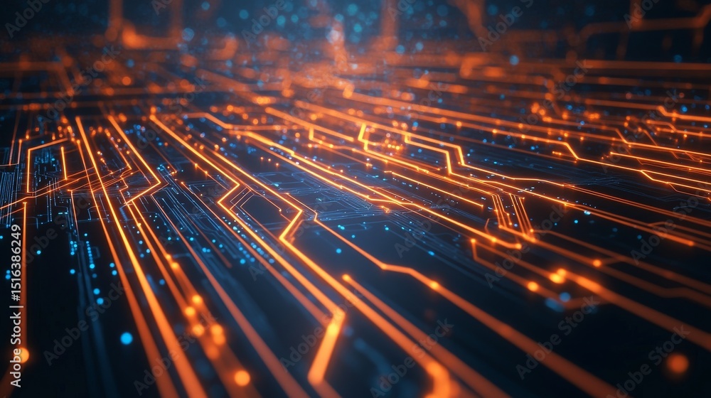 Poster futuristic abstract technology background featuring glowing blue lines, digital circuit patterns, an