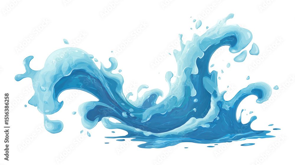 Poster cartoon water splash with droplets forming a dynamic, stylized wave, isolated on a transparent backg