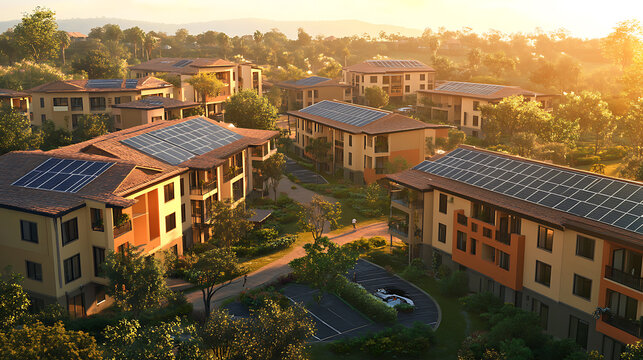 Residential Complex with Solar Panels at Sunset
