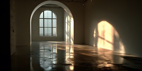 Fototapeta premium Sunlight streams via large arched window in empty modern gallery, casting long shadows on polished concrete. White walls, minimalist. Focus on light and shadow.