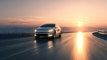 Fototapeta premium Self-driving electric vehicle navigating intelligent road with integrated lights, warm sunset in horizon, soft glowing reflections on road surface, futuristic and serene technology scene