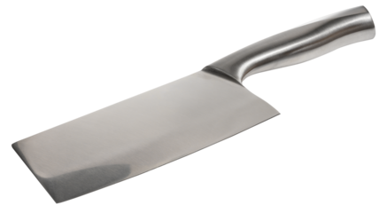 Kitchen knife cleaver with wide blade and metal handle. Close-up of knife on isolated background