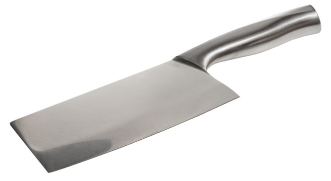 Kitchen knife cleaver with wide blade and metal handle. Close-up of knife on isolated background