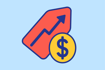 Flat icon of rising price tag and dollar coin symbolizing sales growth and revenue increase. Ideal for business, finance, e-commerce, marketing, websites, presentations, apps. Simple vector